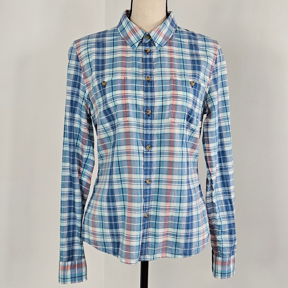 Aritzia TNA Blue Pink Plaid Button Down Long Sleeve Cotton Shirt Womens Large